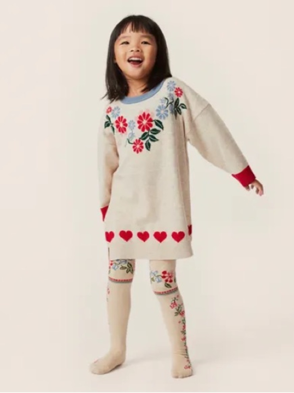 Konges Slojd Cream Knit Dress with Floral + red Hearts holiday Christmas tights